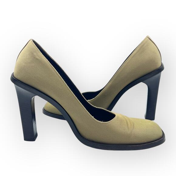 Gucci Pumps Leather and Honeycomb Olive Gold Wooden  Square Heel Vintage Luxury - Picture 1 of 15